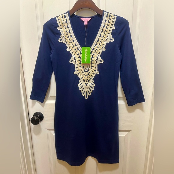 NWT 170.00 LILLY PULITZER CLARKSON V-NECK DRESS NAVY GOLD - Picture 4 of 10